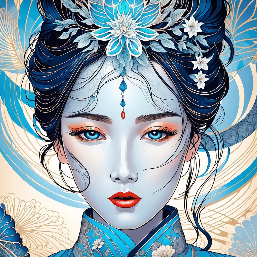 Beautiful Asian Woman in Relaxing Mood, Detailed Illustratio...
