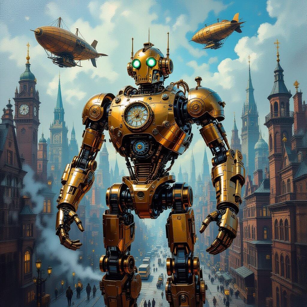 Steampunk Automaton in Bustling City