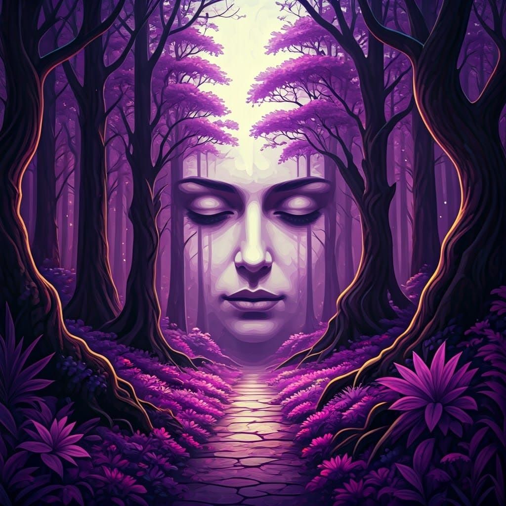 Dreamlike Purple Forest Landscape with Ethereal Purple Face