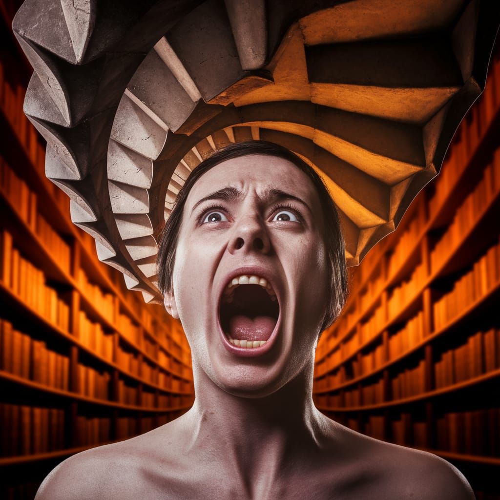 Figure Screaming with Spiral Staircase into Unknown