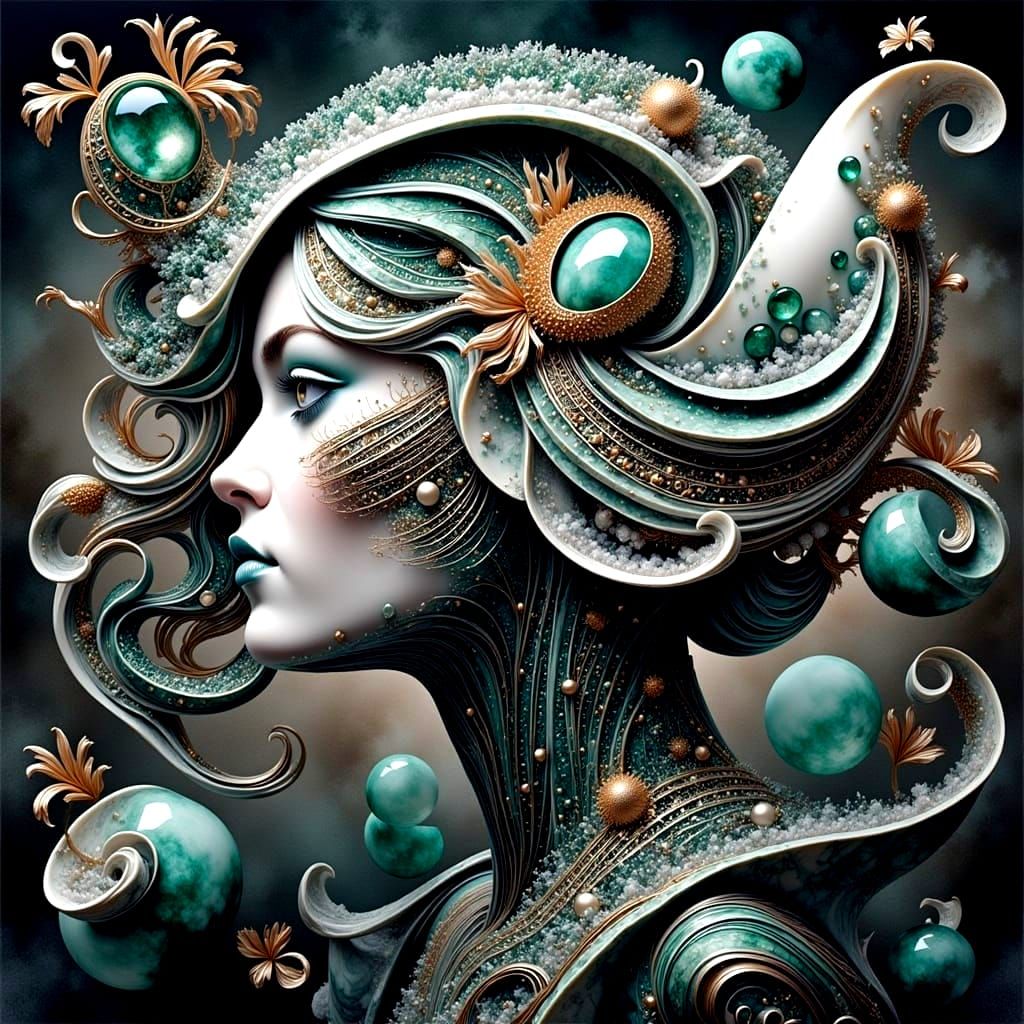 Sculpture of a Green Goddess in Marble with Emerald Eyes