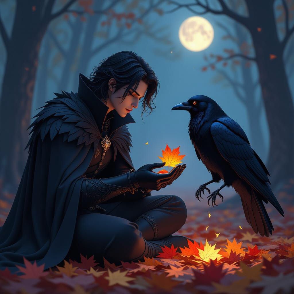 Gothic Crow Prince Gathers Heartbeat Leaf in Twilight Forest