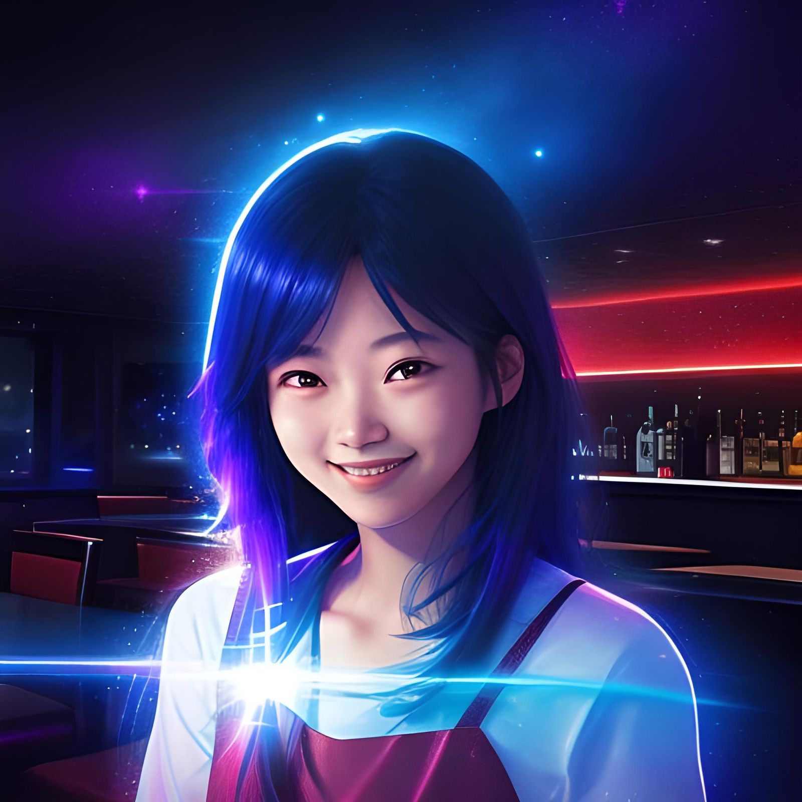 Smiling Girl in Restaurant with Nebula Night Aesthetic