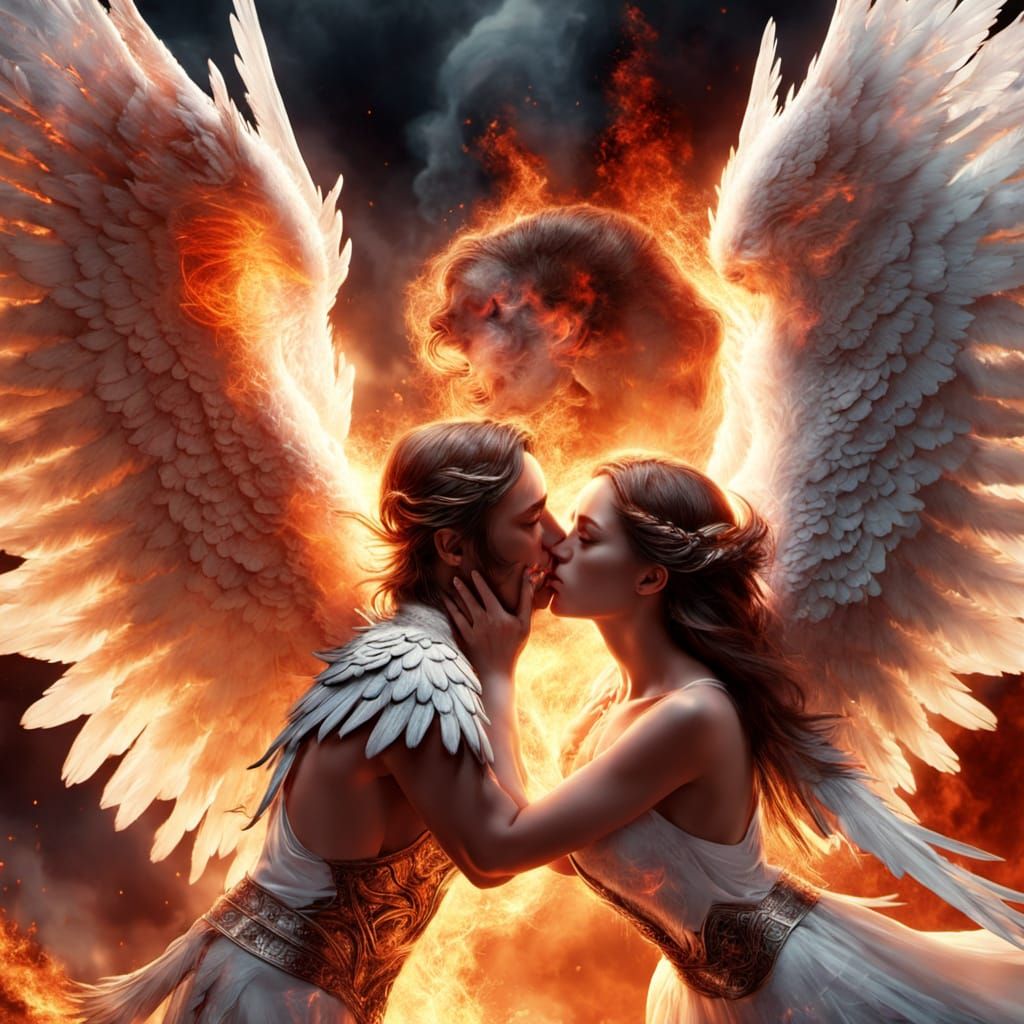 Angel and Demon Embrace in Celestial War