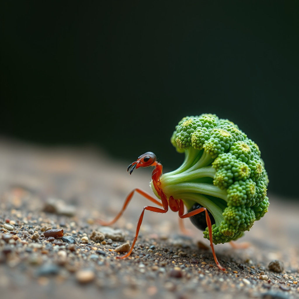 Surreal Macro Shot of a Strong Ant in a Dramatic Broccoli La...