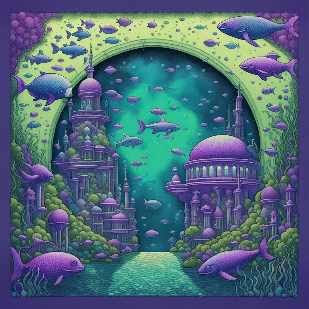 Underwater Metropolis in Pointillist Dotwork Style