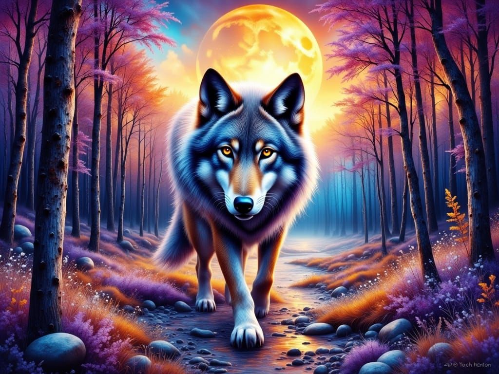 Majestic Grey Wolf in Sunlit Forest, Art Nouveau Style