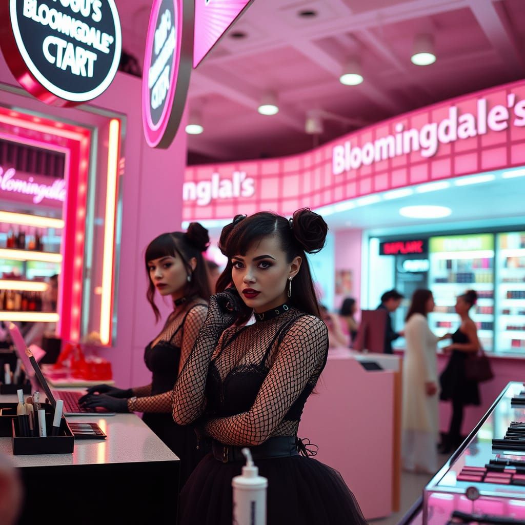 Goth Ladies Staffing a Neon Makeup Counter