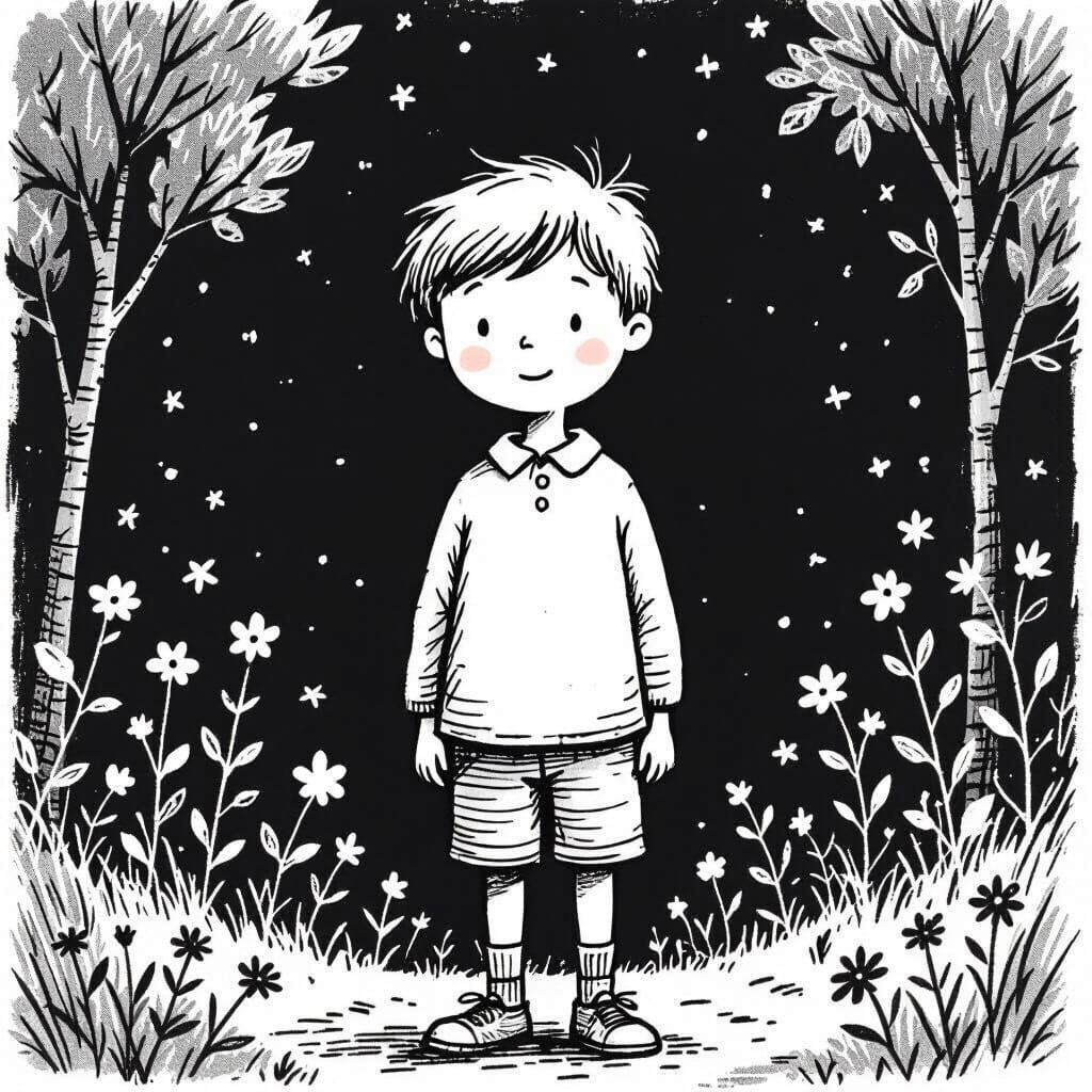 Coloring Book Style Line Art of a Boy