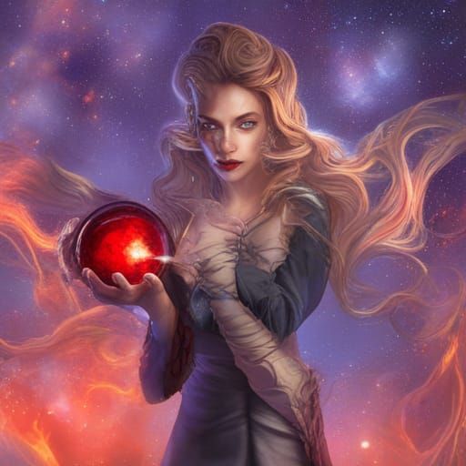 Evil Witch Casting Fire Spell in Starry Night