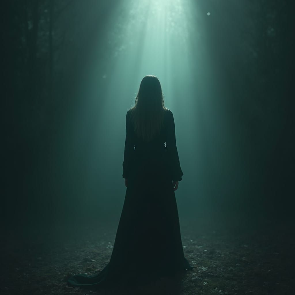 Ethereal Light Illuminates Woman in Mystical Darkness