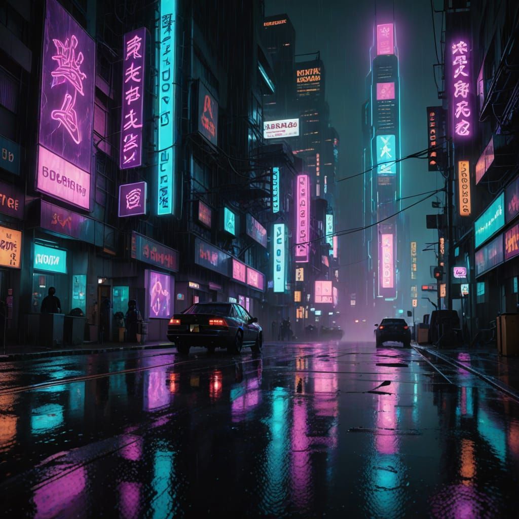 Cyberpunk City Street in Neon Rain