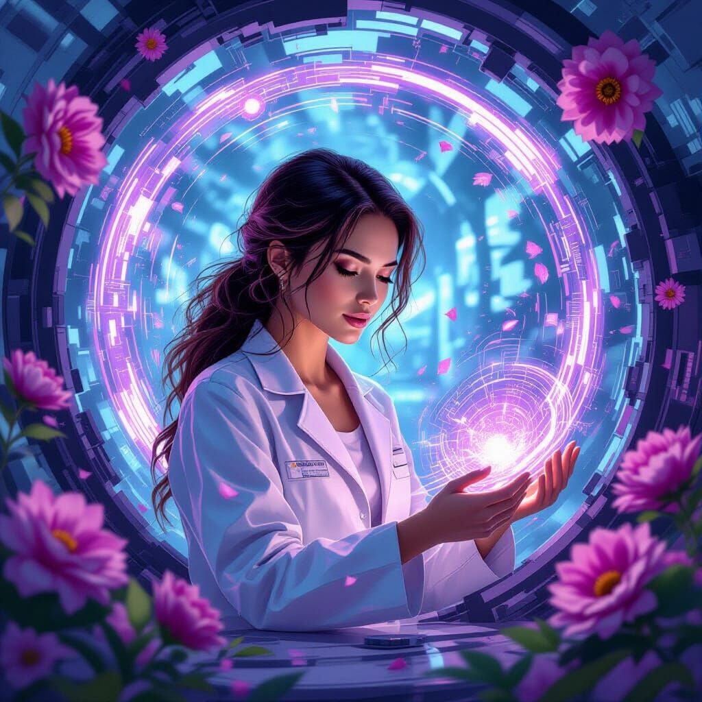 Futuristic Lab Scene: Woman, Swirling Machinery, Flowers