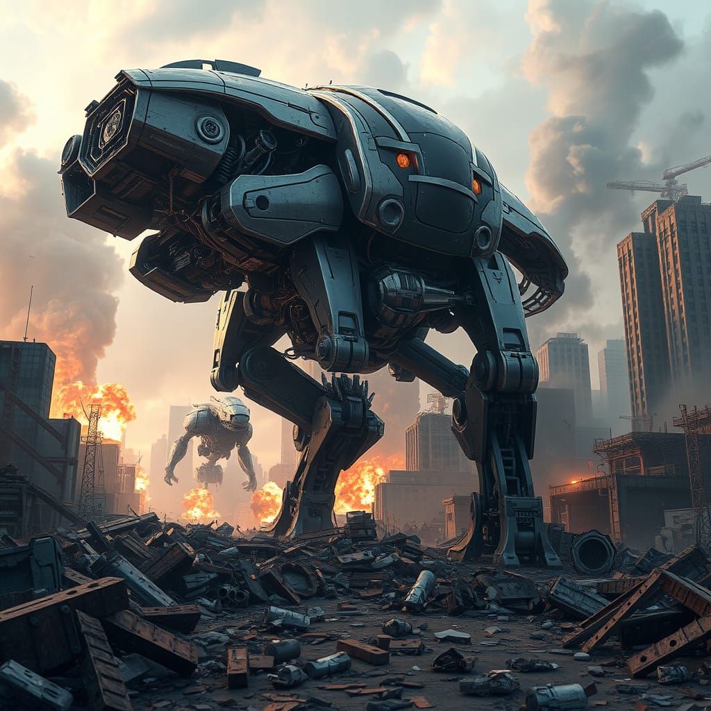 Mecha Dominates a Shattered Cityscape in Hyper-Realistic Sci...