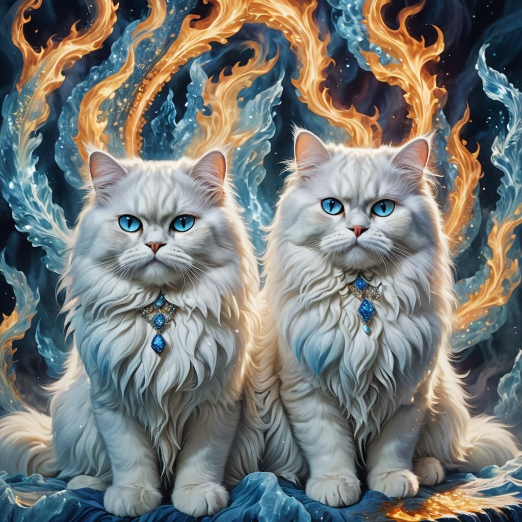 Majestic Persian Cats Ablaze with Cold Blue Flames
