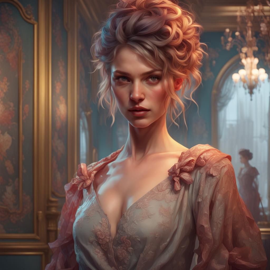 Detailed Dressing Room Portrait in Art Nouveau Style