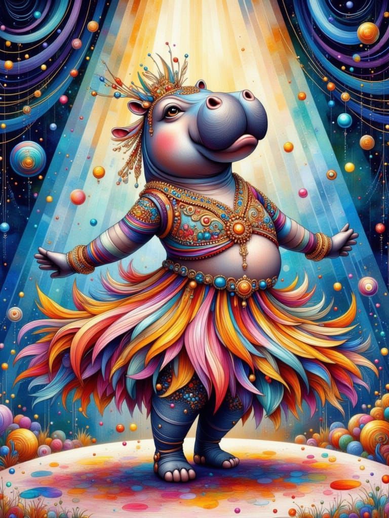 Dancing Hippo in Extravagant Costume Under Spotlight