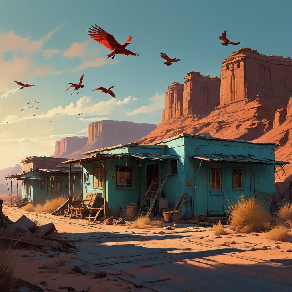 Terracotta Birds Dance Among Desert Adobe Huts
