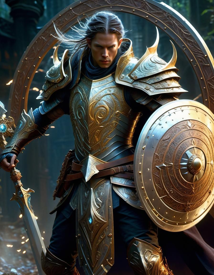 Armored Paladin with Magic Shield in Fantasy Action