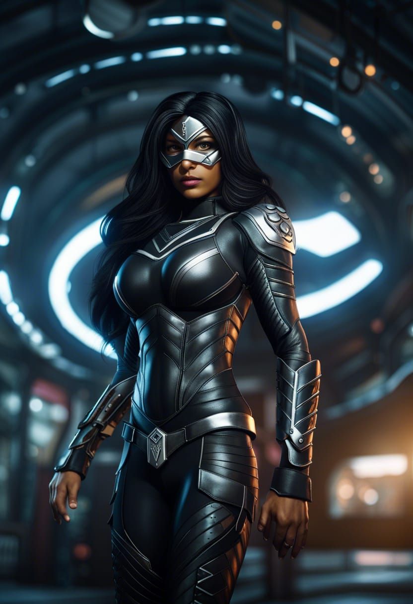 Indian Superheroine in Tactical Armor on Rooftop