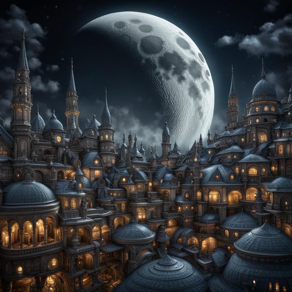Fantasy City on Crescent Moon in Hyperrealism