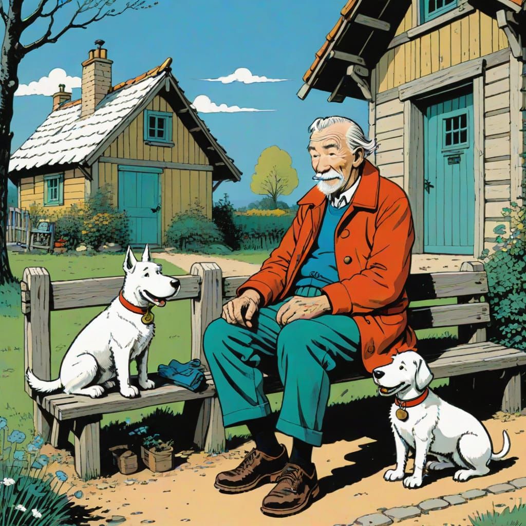 Tintin as a Gentle Old Man in a Whimsical Cottage Scene