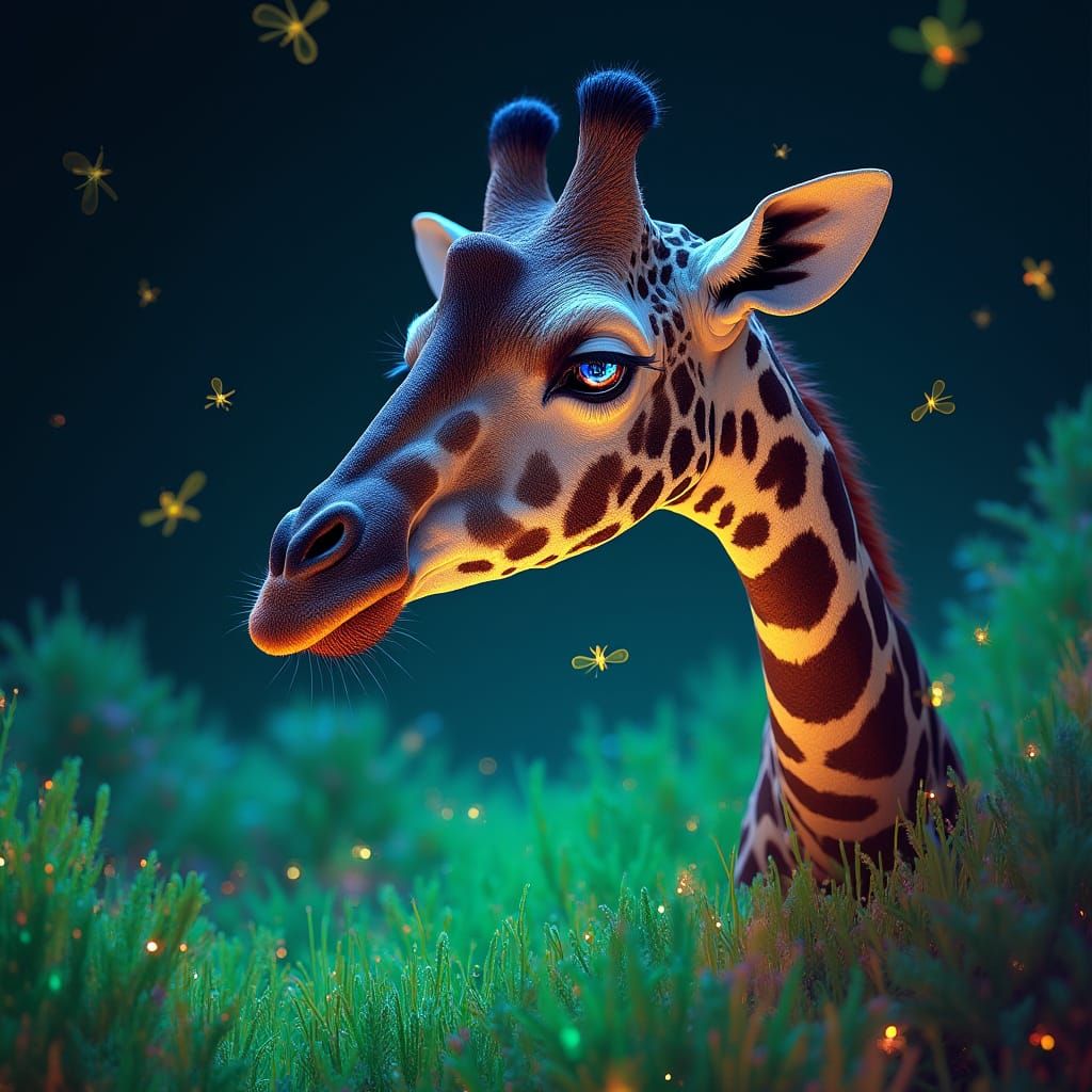 Giraffe's Eye Reflecting Secrets in Surreal Glowing Desert