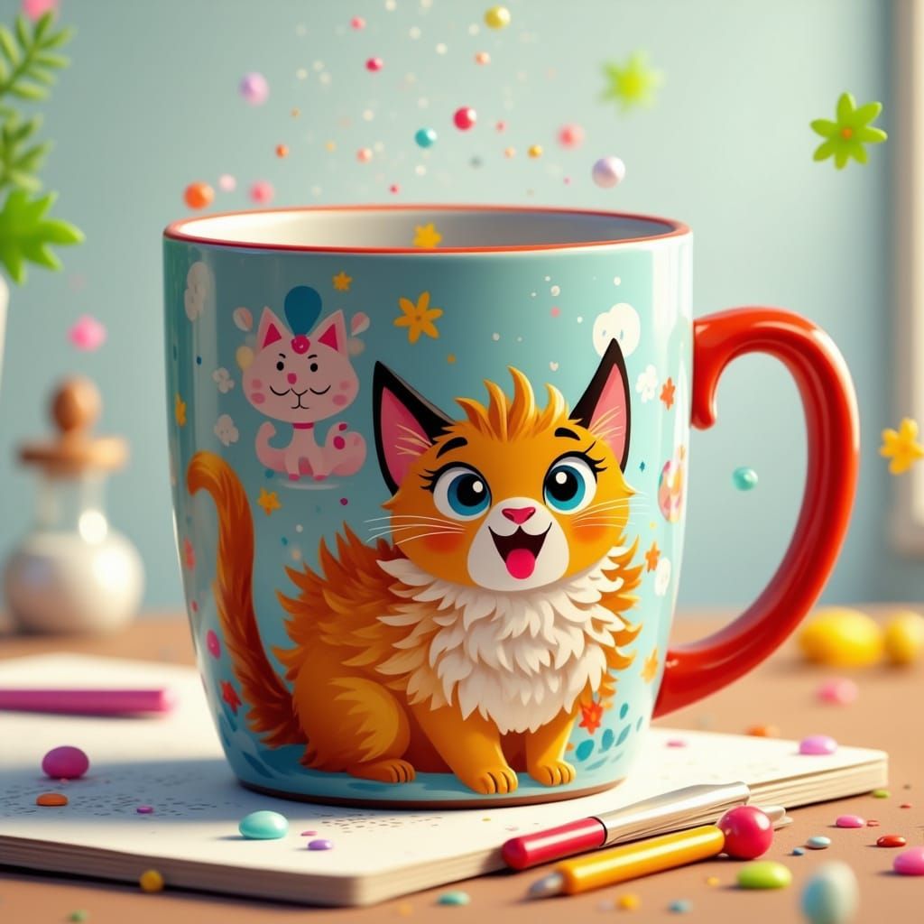 Brightly Colored Cartoon Cat on a Mug in 3D Anime Style
