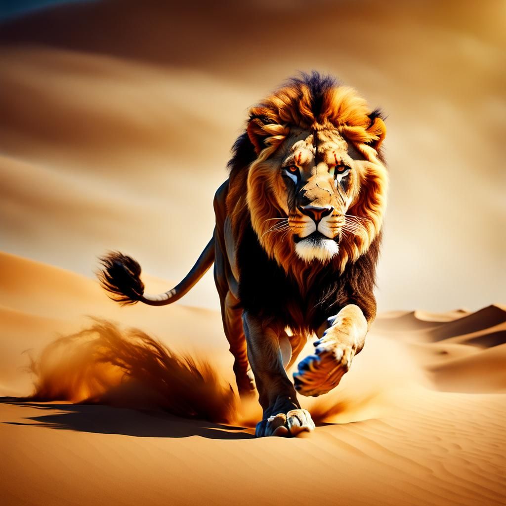 Lion Runs in Swirling Desert Sand
