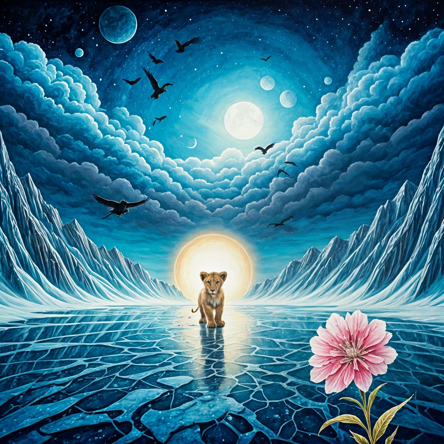 Ethereal Lion Cub on Frozen Lake in Majestic, Impressionist ...