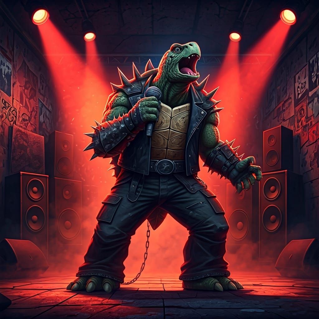 Fierce Turtle Rocker on Grimy Concert Stage