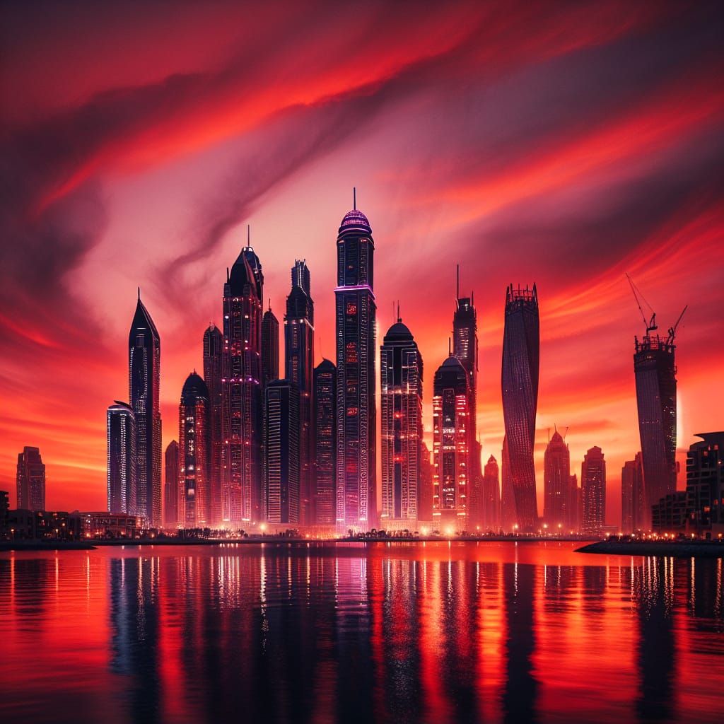 Dubai Skyscrapers at Crimson Sunset
