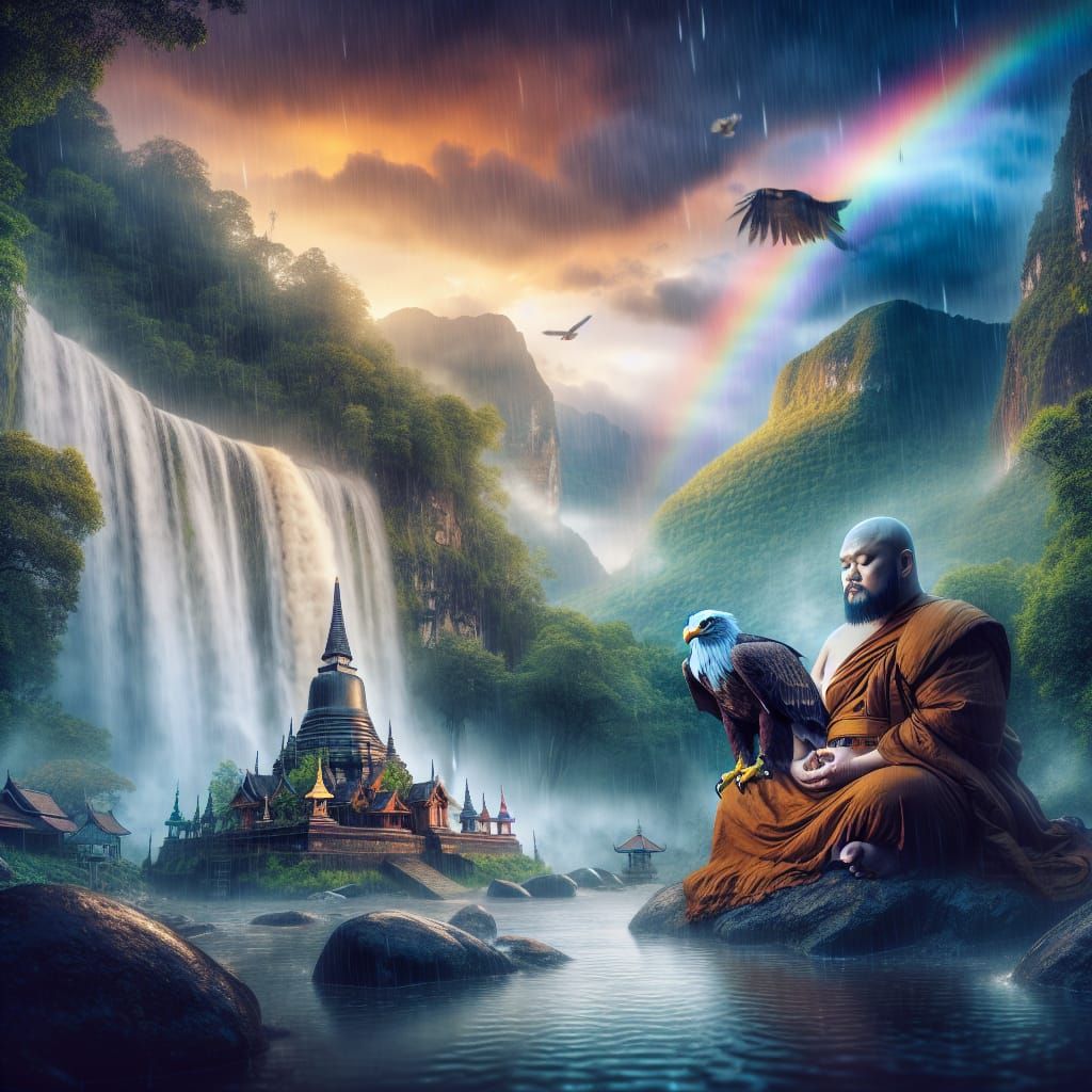 Monk and Eagle Meditating at Mountain Temple
