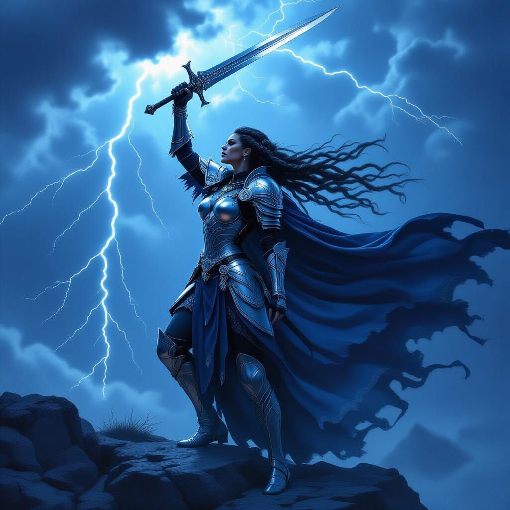 Valkyrie in Stormy Landscape, Dark Fantasy Art