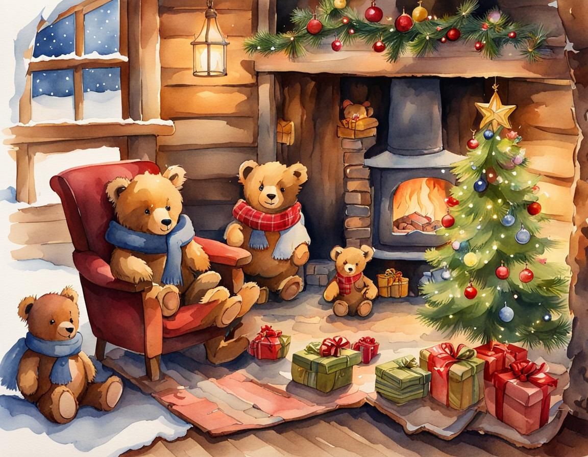 Cosy Christmas Cabin with Teddy Bears in Watercolor