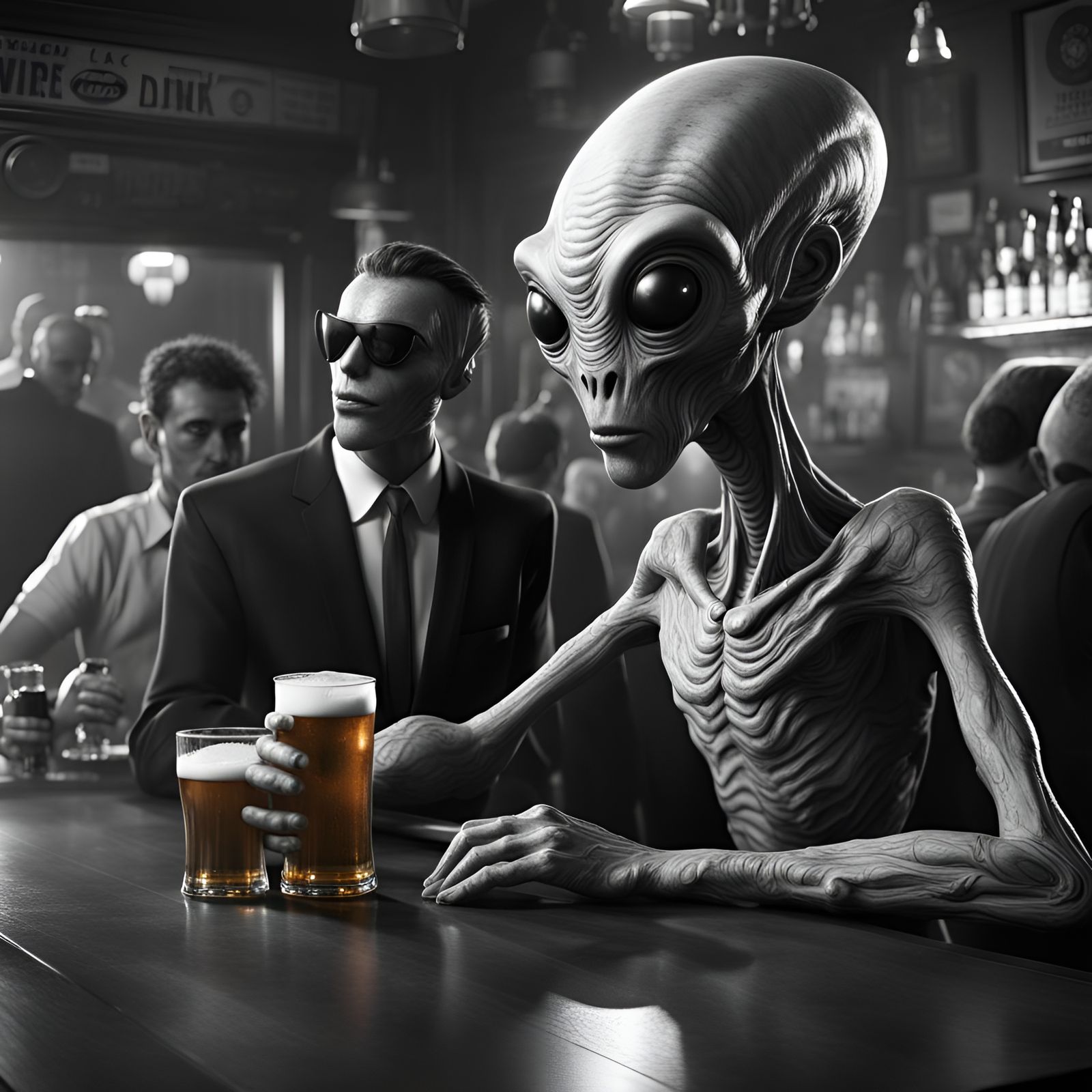 Extraterrestrial at a 1950s Bar, Black and White Photo