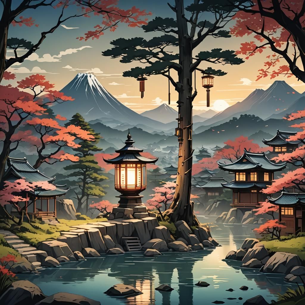 Feudal Japanese Landscape Inside a Lantern
