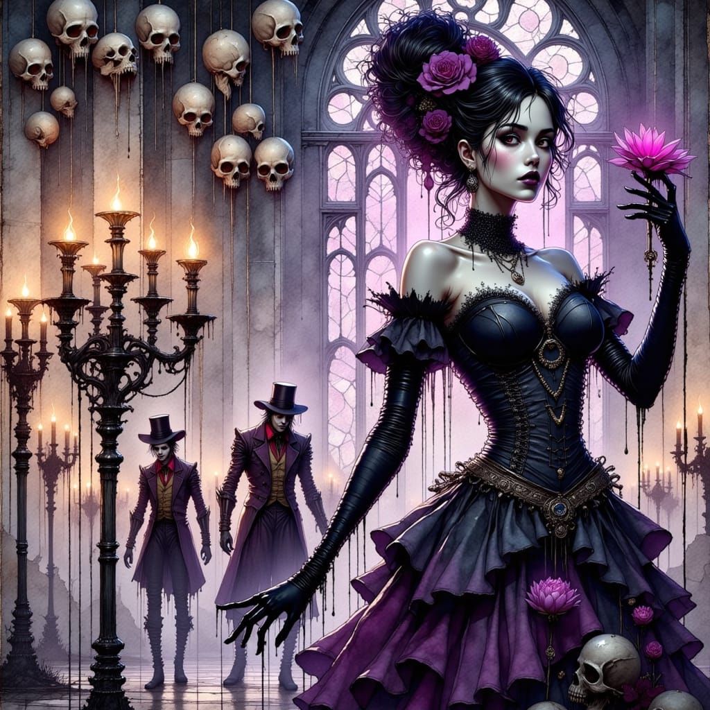 Gothic Woman in Ruined Chapel with Zombies