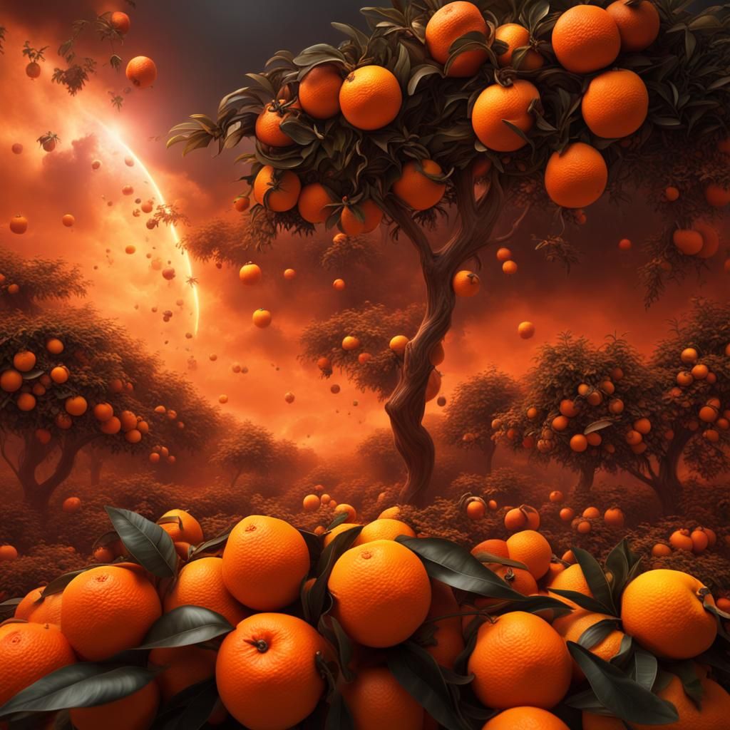 Vibrant Orange Hurricane with Flying Fruit