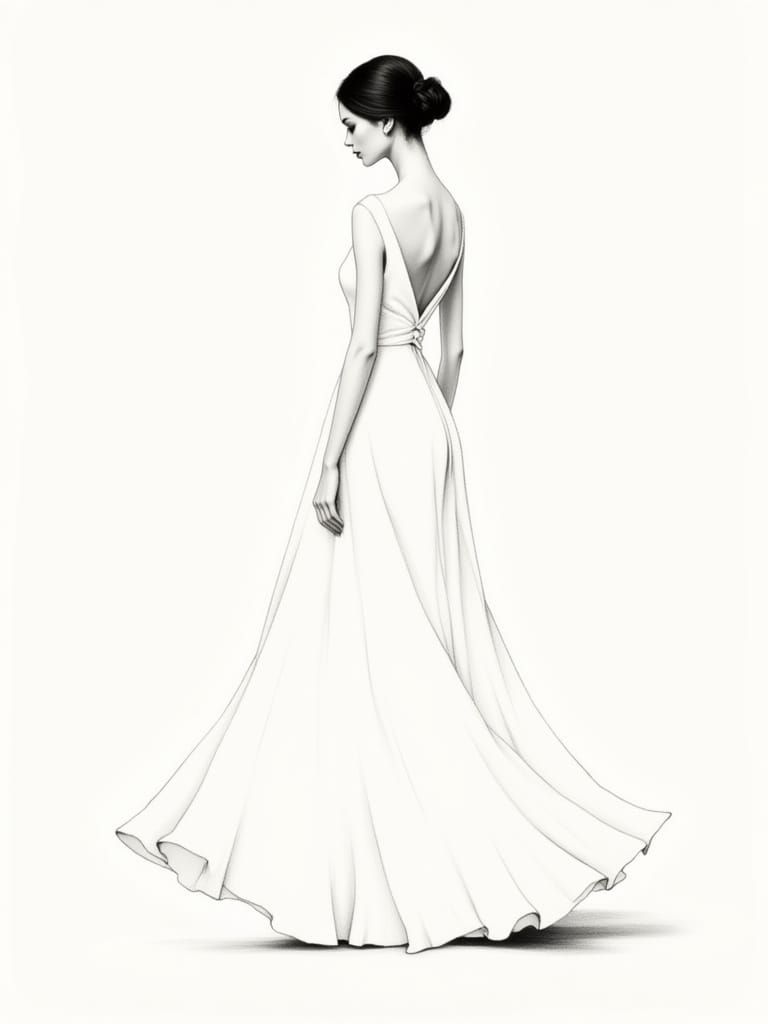 Elegant Woman in White: Black and White Illustration