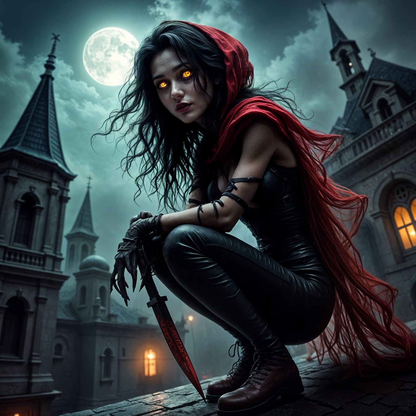 Vampiress Rooftop Sneak in Moonlit Medieval Town