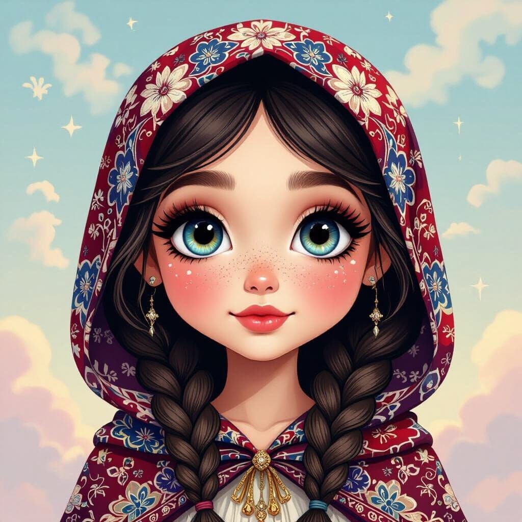 Cartoon Girl with Headscarf in Dreamy Style