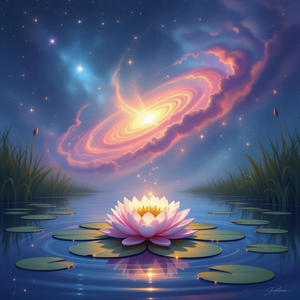 Cosmic Entity Hovers Over Tranquil Pond in Fantasy Art Style