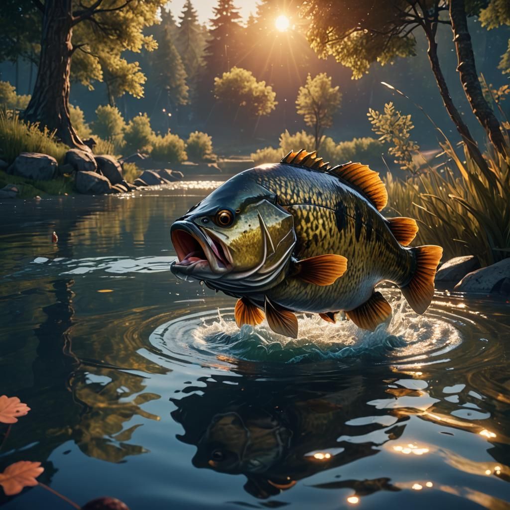 Angler Catches Huge Bass in 3D Game Scene