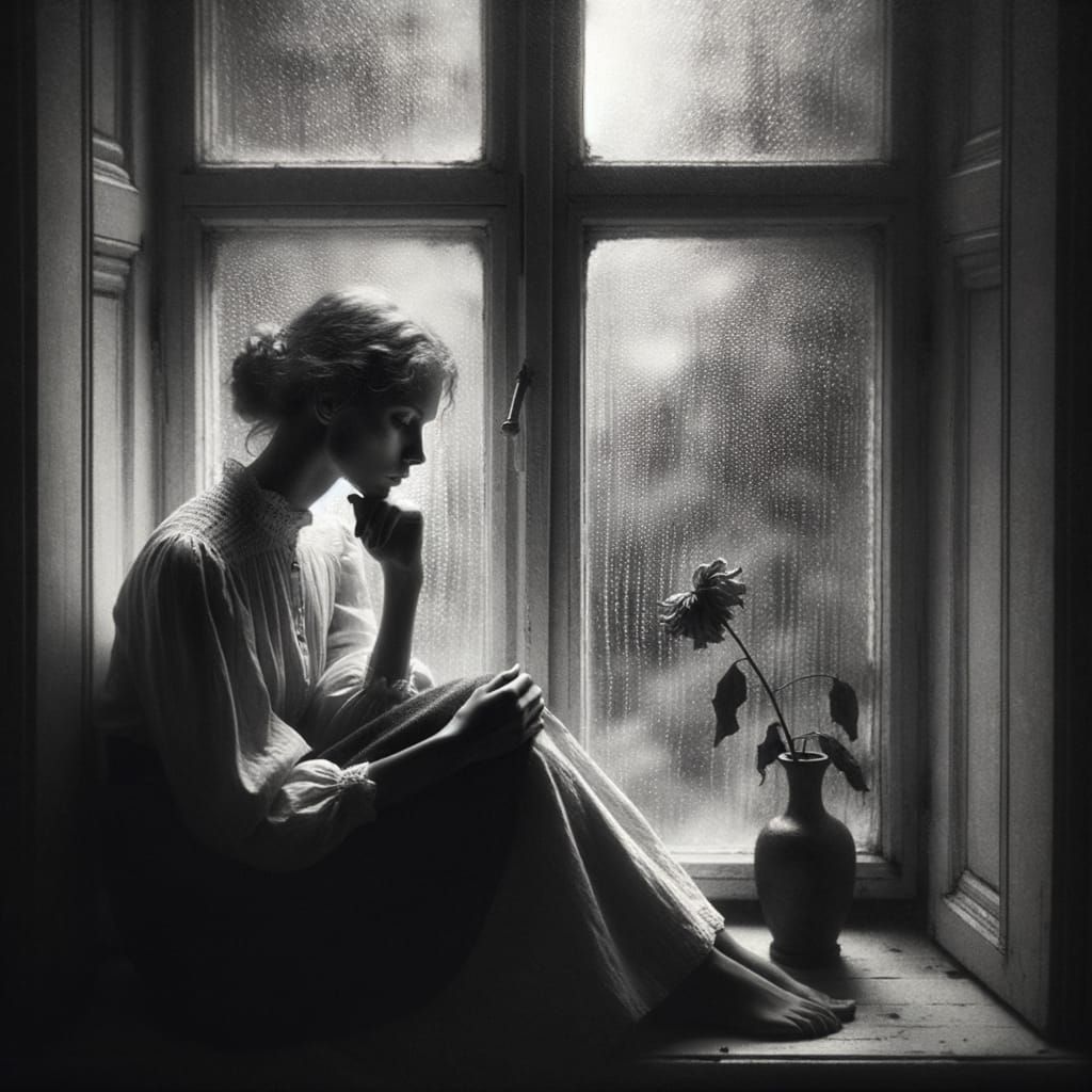 Woman in Thought by Rainy Window, Early 20th Century Photo S...