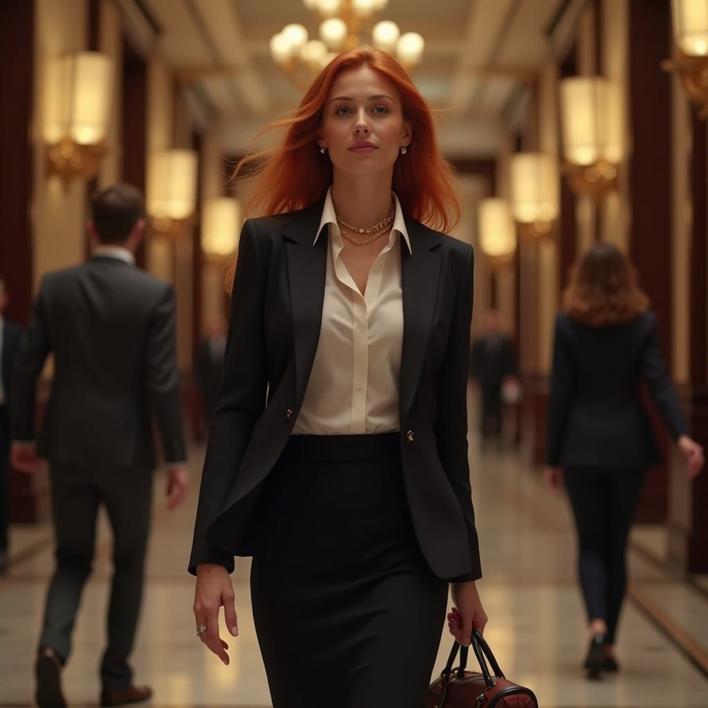 Red Haired Woman in Luxury Hotel Lobby Evening