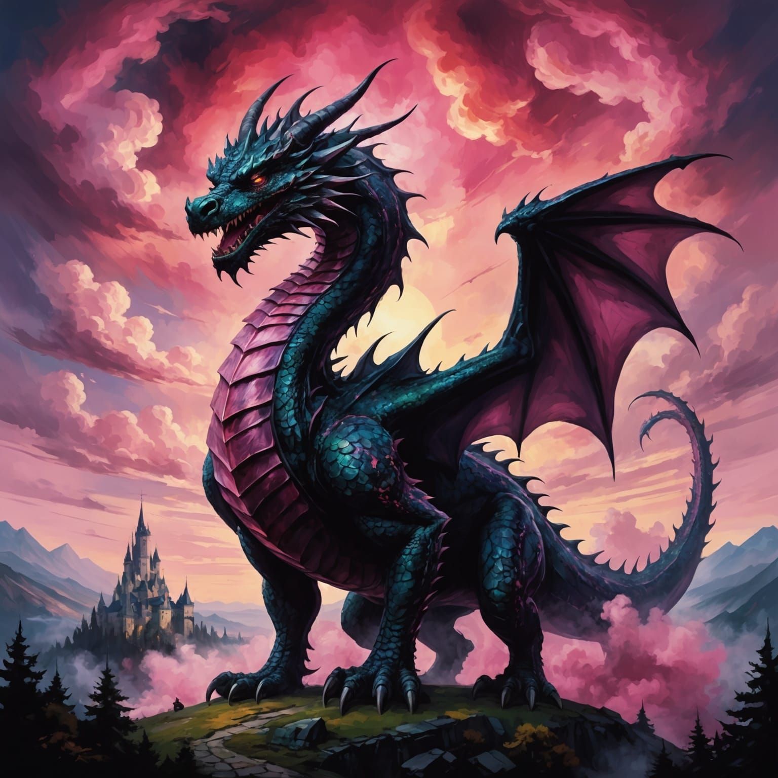 Pink Cloud Dragon in Film Noir Style