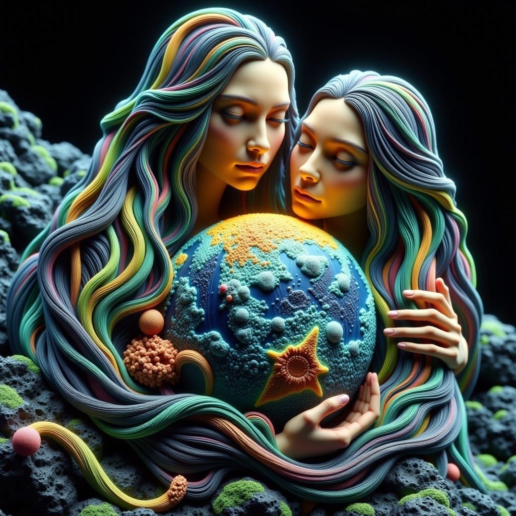 Mother Gaia Cradles the Earth and Moon in Her Loving Arms