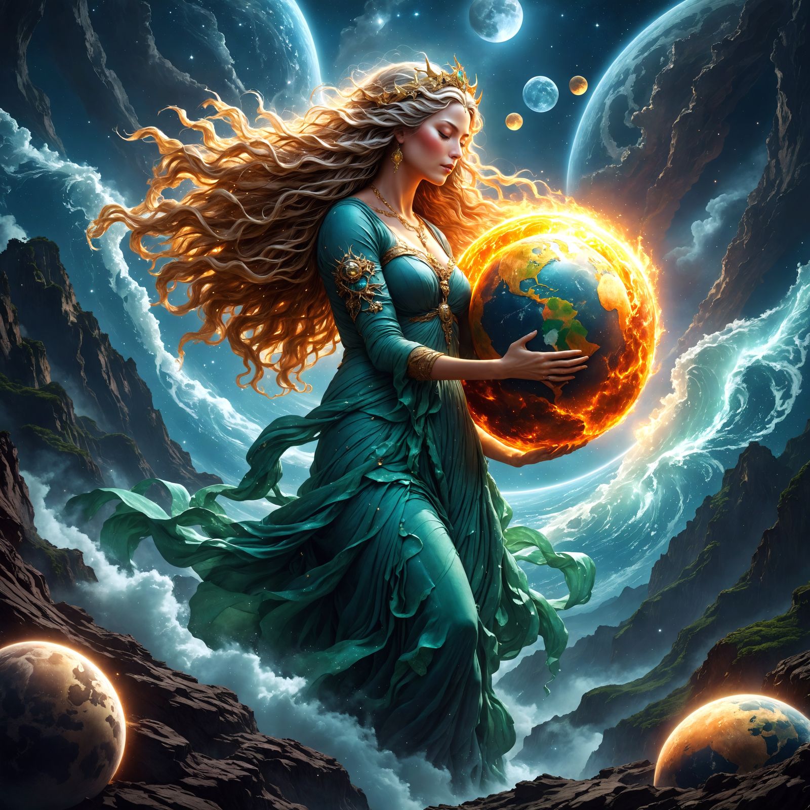 Mother Gaia Embracing the Earth and Moon in Cosmic Beauty