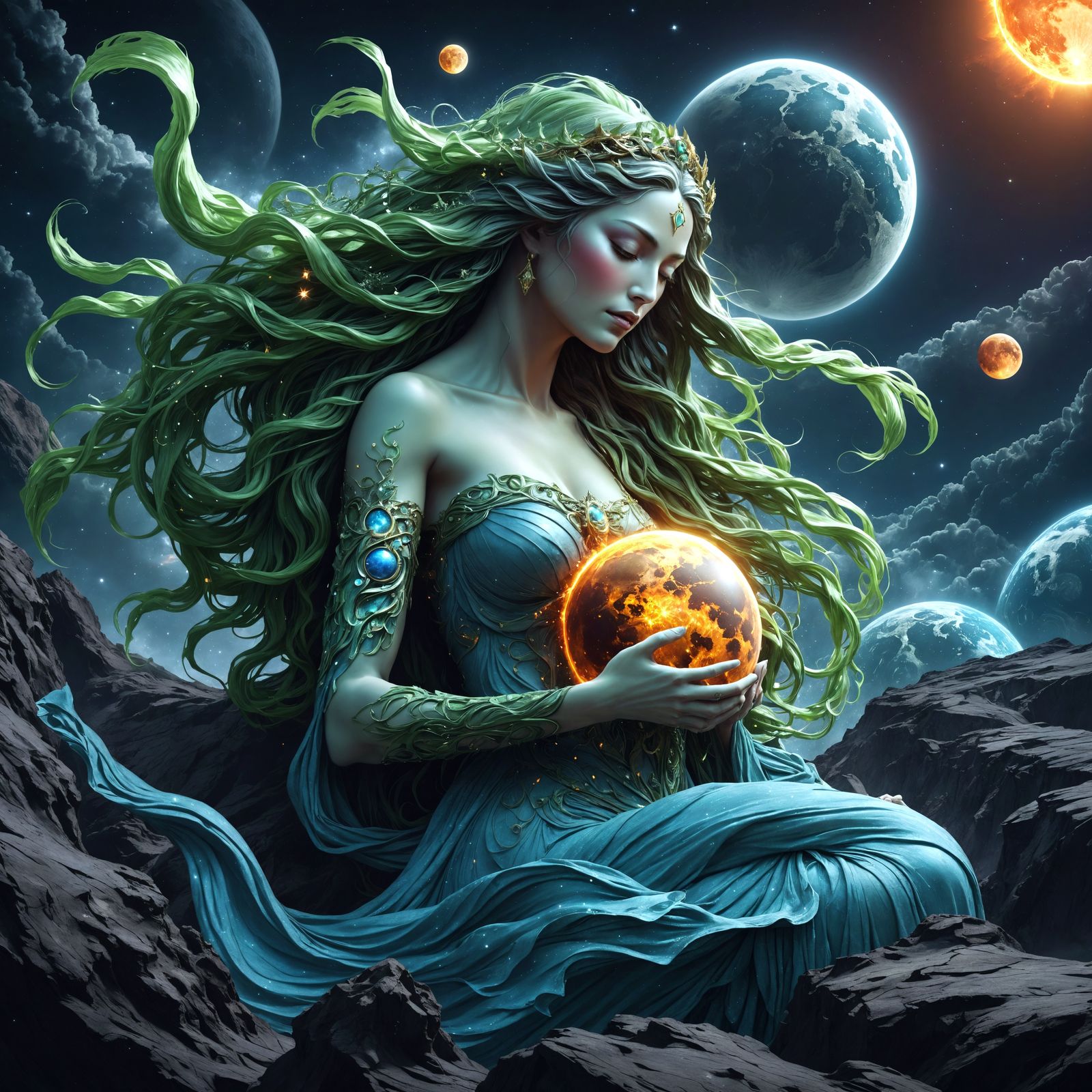 Mother Gaia Embracing Earth and Moon in a Celestial Dance